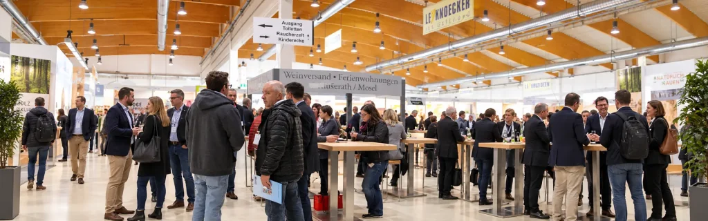 Fachbesucher im Austausch in der gut besuchten Messehalle der HolzTek in Trier